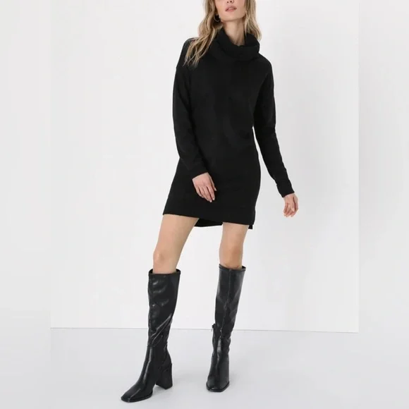 NWT Lulus Autumn Daze Black Cowl Neck Long Sleeve Sweater Dress - Size L - Picture 3 of 15